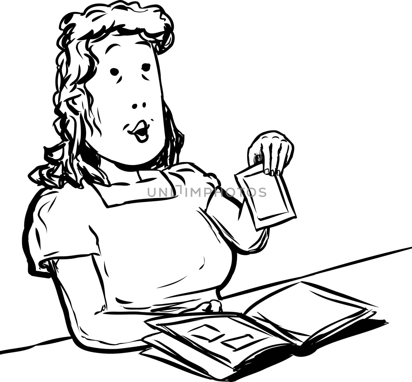 Cartoon doodle of middle aged adult woman holding picture above her scrapbook