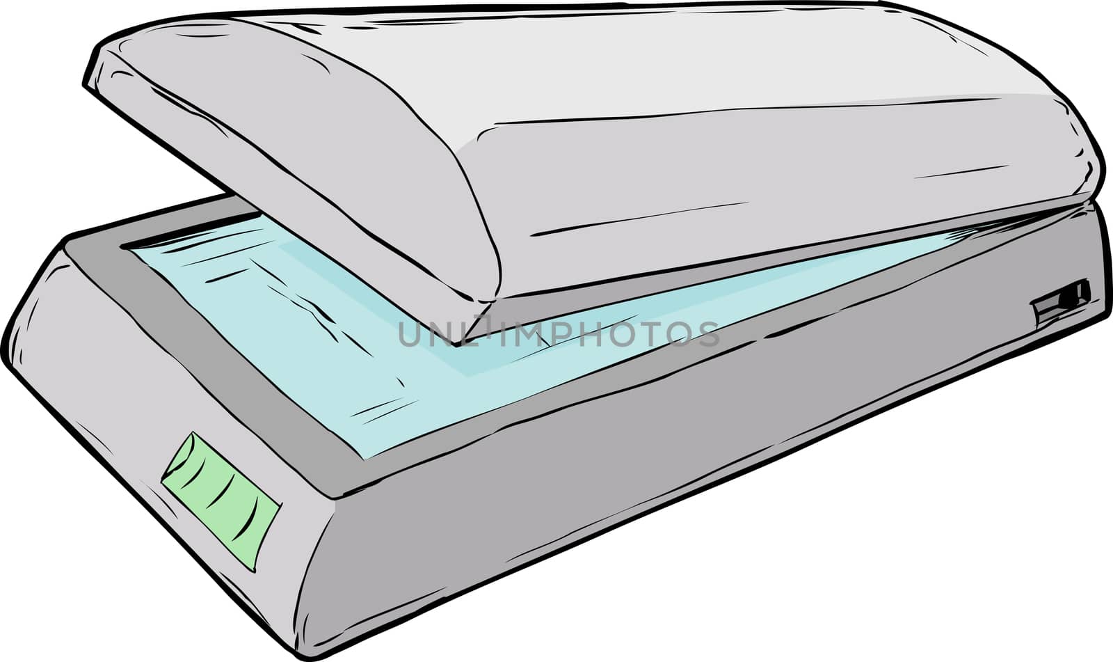 Open flatbed scanner with empty glass surface over isolated white background