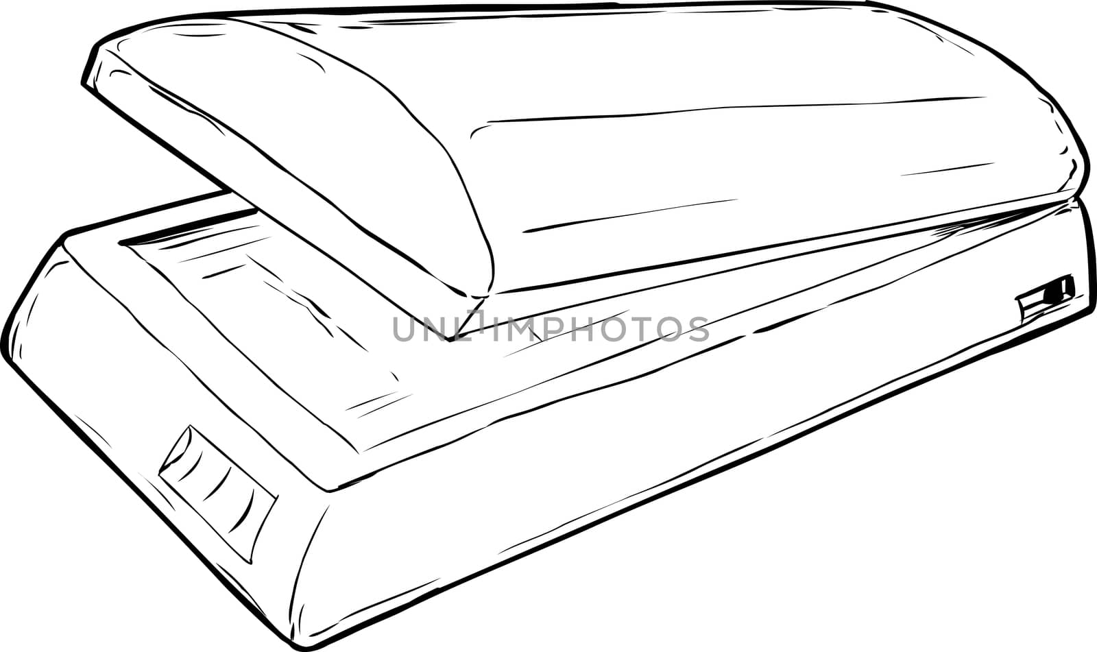 Outline sketch of open flatbed scanner with empty glass surface over isolated white background