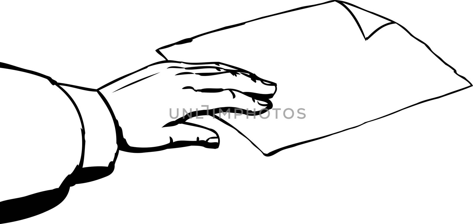 Outline sketch of hand taking single piece of paper with folded corner on white background