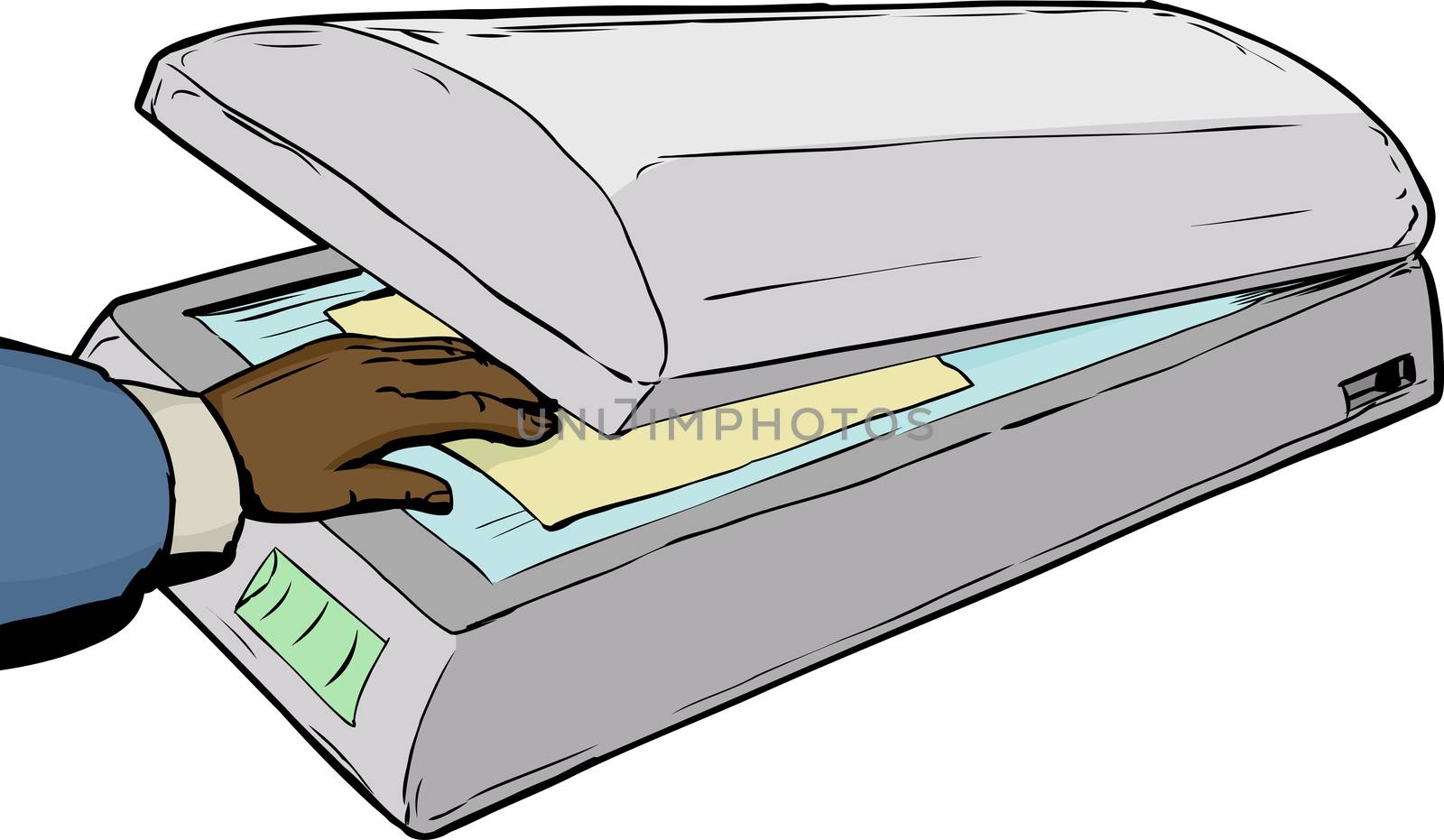 Single hand placing photo or document on glass in flatbed scanner