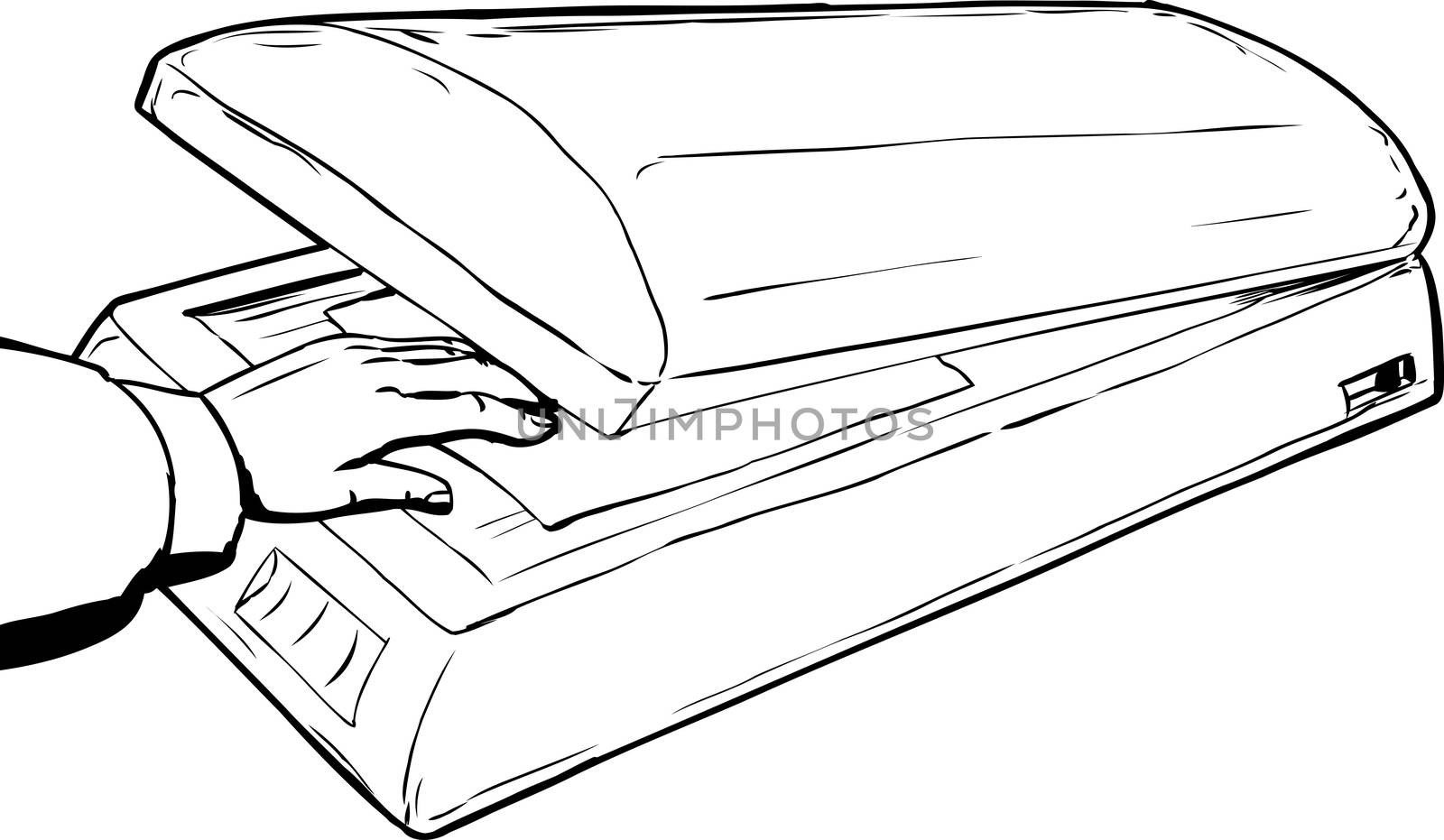 Outlined sketch of hand placing photo or document on glass in flatbed scanner