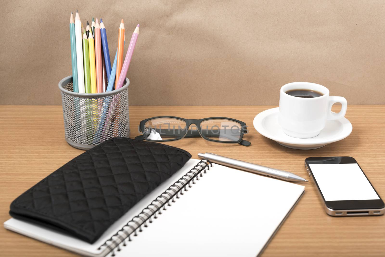 office desk : coffee with phone,notepad,eyeglasses,wallet,color  by ammza12