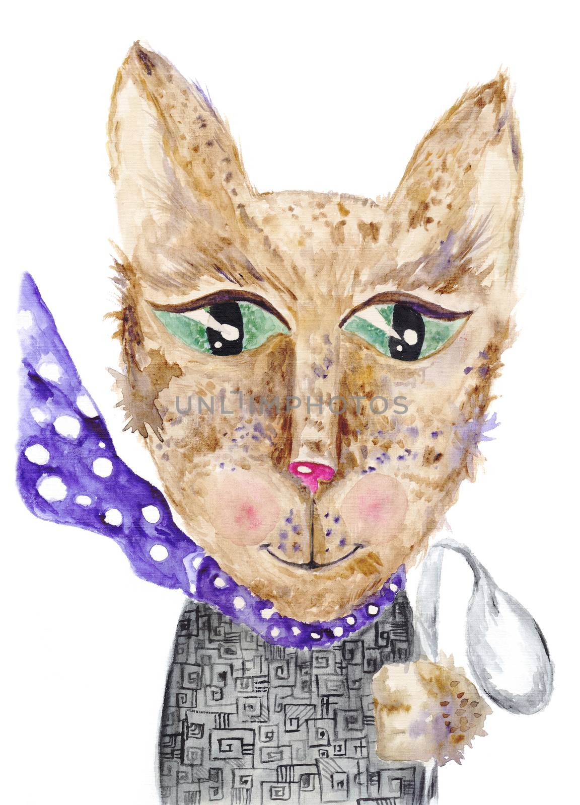 Watercolor cat illustration with female cat in a scarf holding spoon