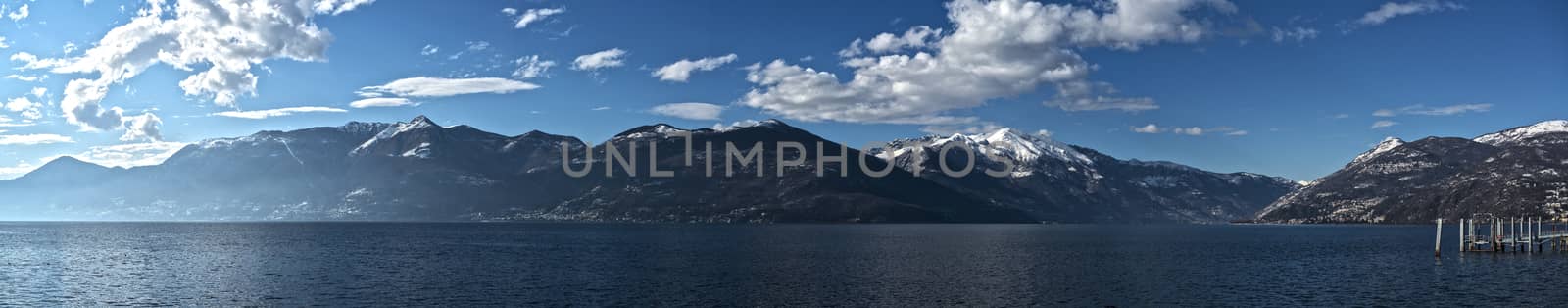 Landscape from Luino lakefront on the Major Lake in a sunny winter afternoon, Lombardy - Italy