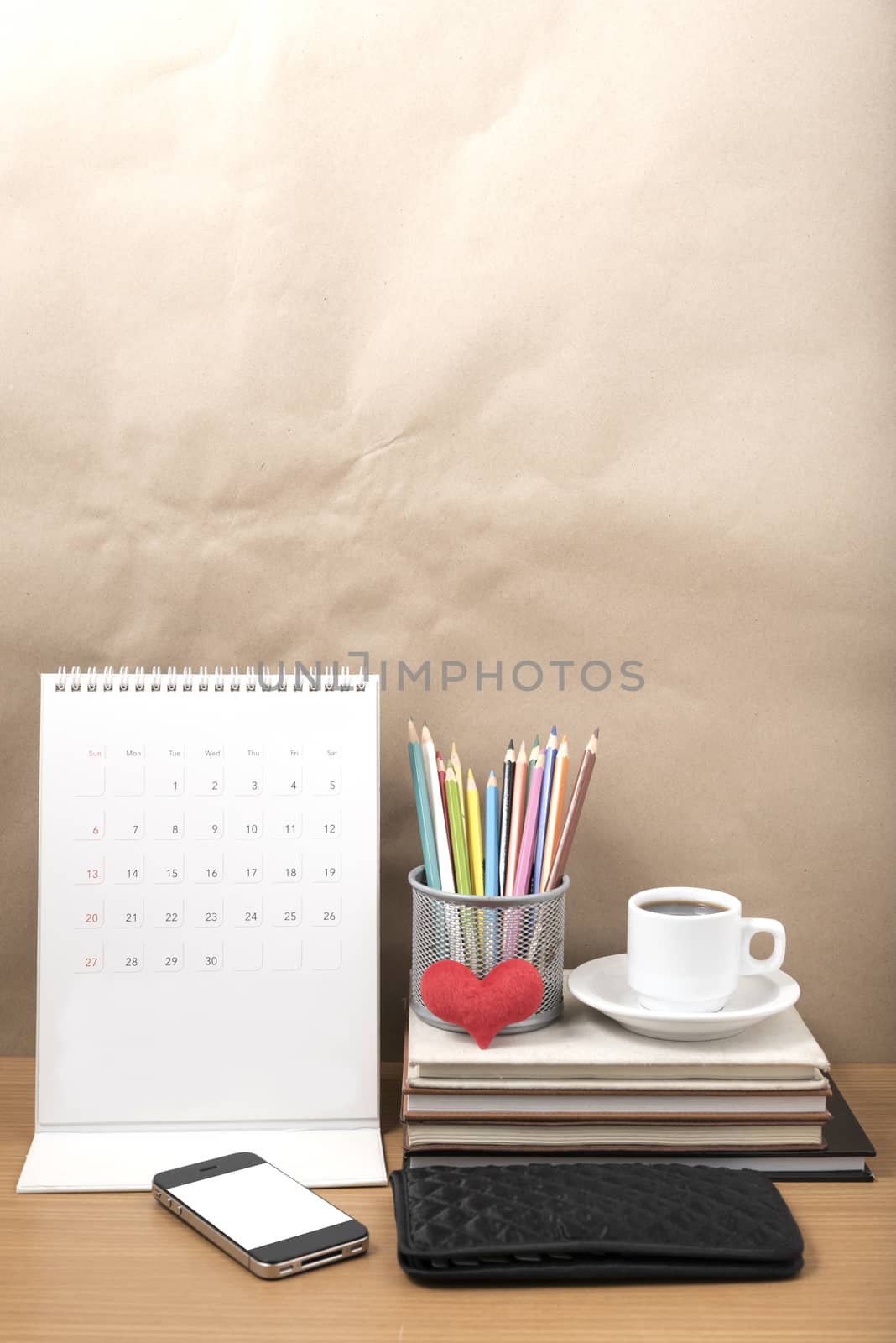 office desk : coffee with phone,wallet,calendar,heart,color penc by ammza12