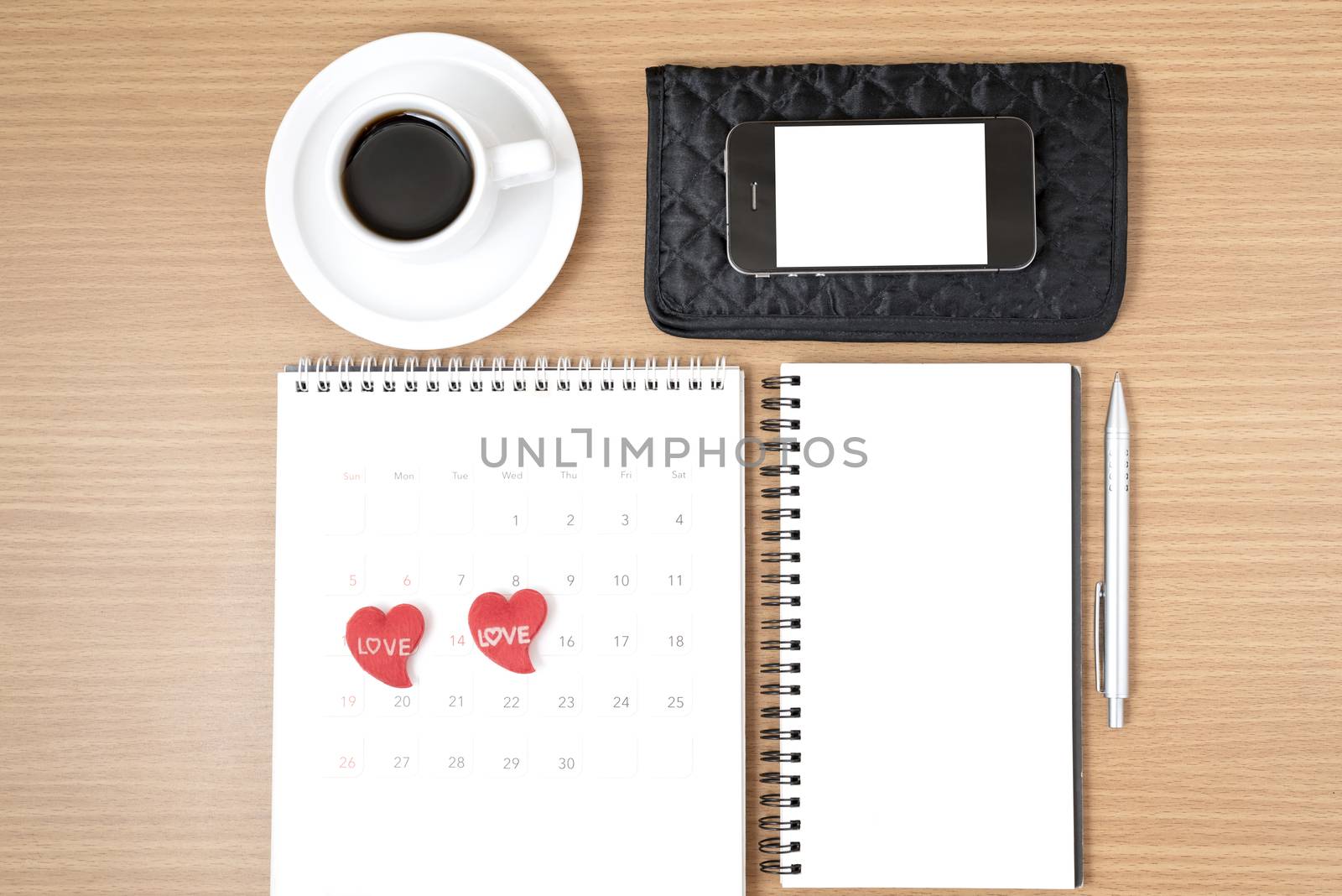 office desk : coffee with phone,wallet,calendar,heart,notepad by ammza12