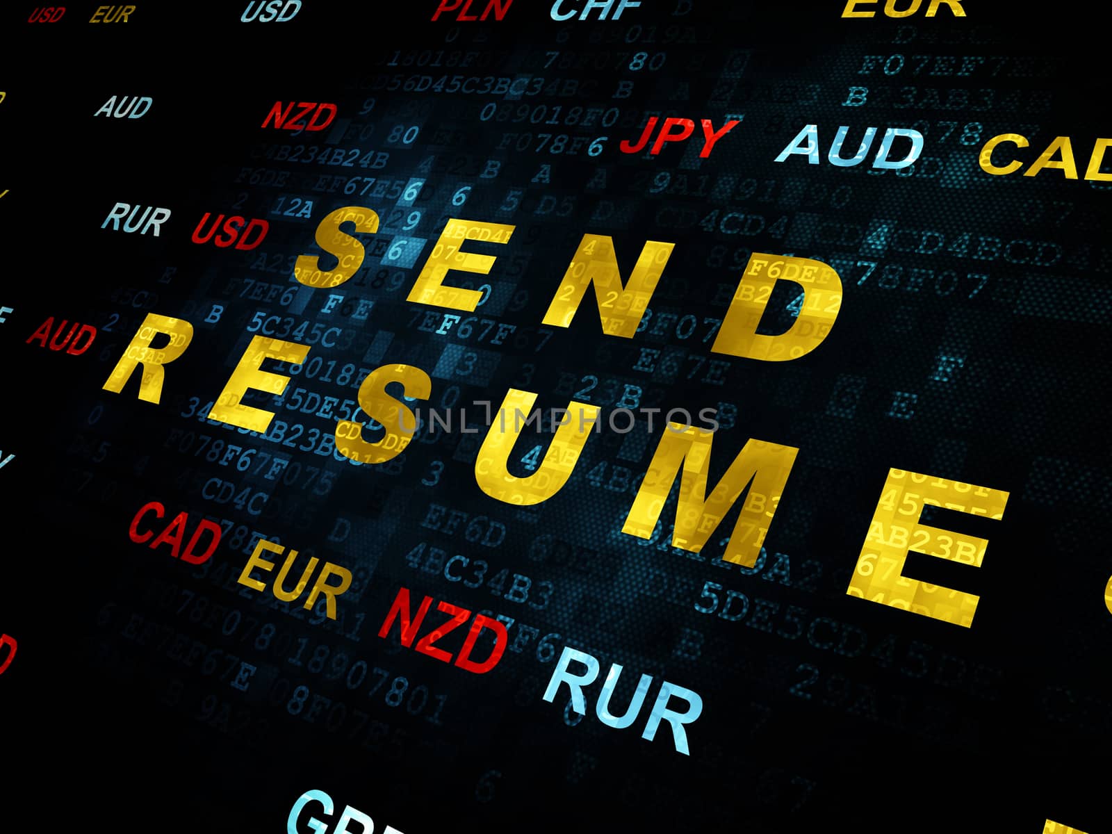 Business concept: Pixelated yellow text Send Resume on Digital wall background with Currency