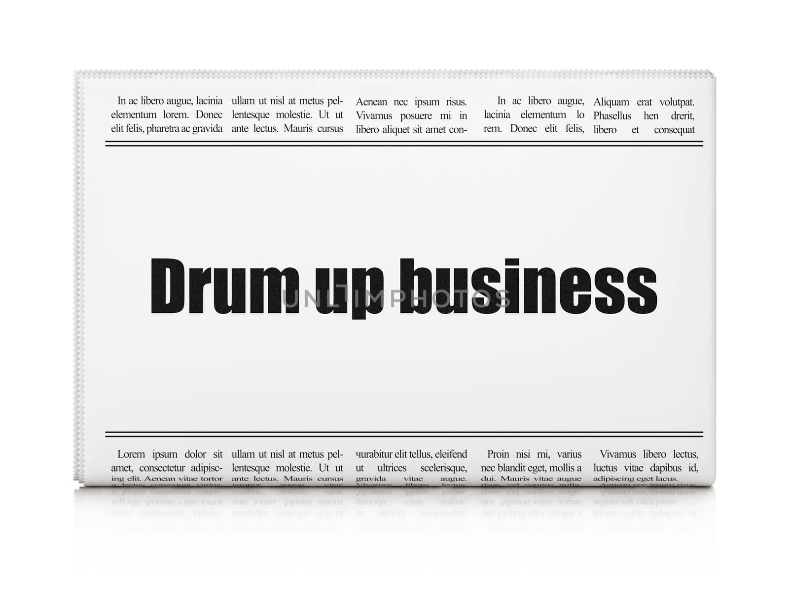 Business concept: newspaper headline Drum up business on White background, 3d render
