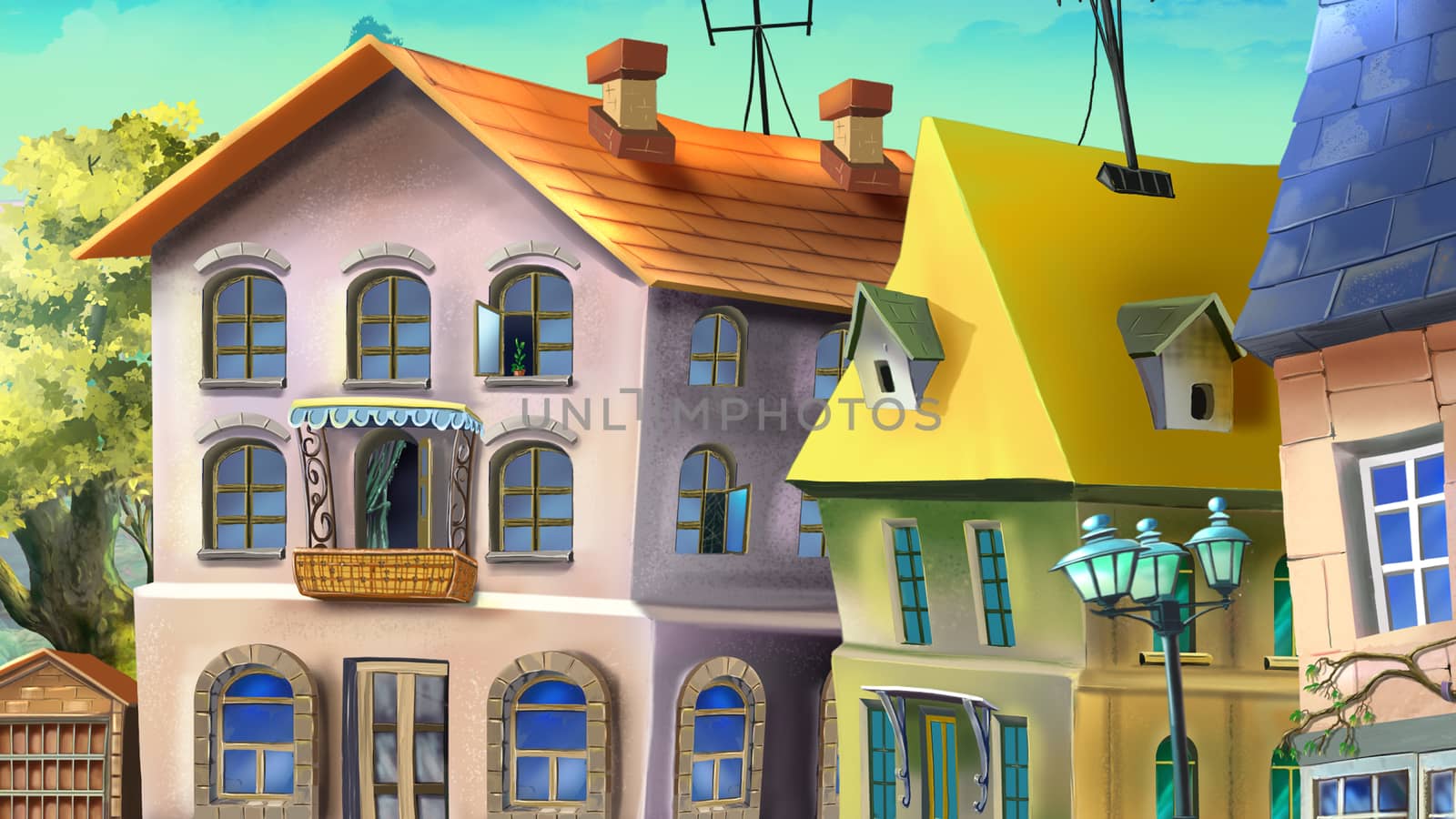 Digital painting of the Old houses in a summer city.