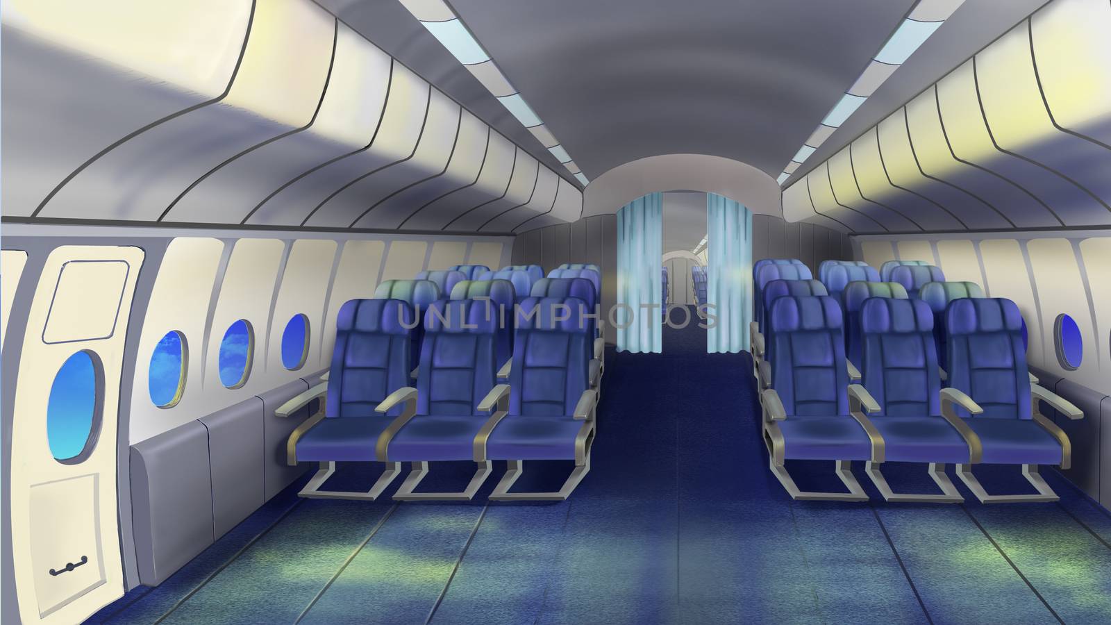 Digital painting of the seats in the cabin. Airplane, jet interior