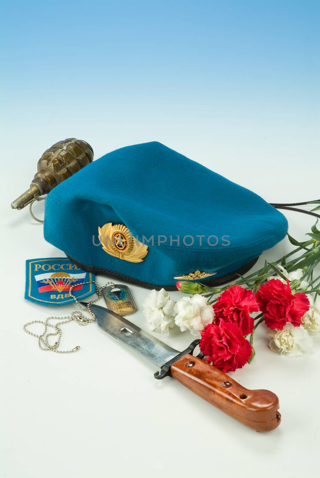 Flowers and army equipment on a studio background