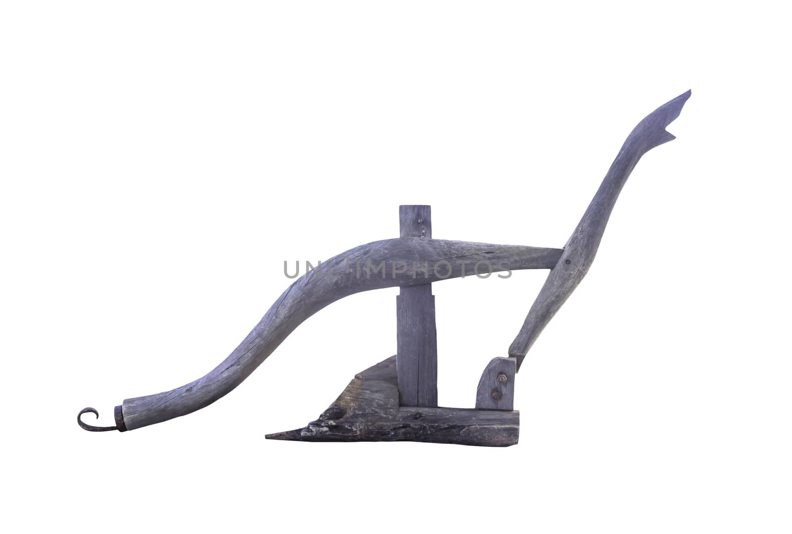 Ancient wooden plough handle isolated on white with clipping path