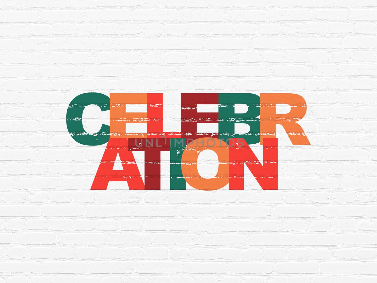 Holiday concept: Painted multicolor text Celebration on White Brick wall background