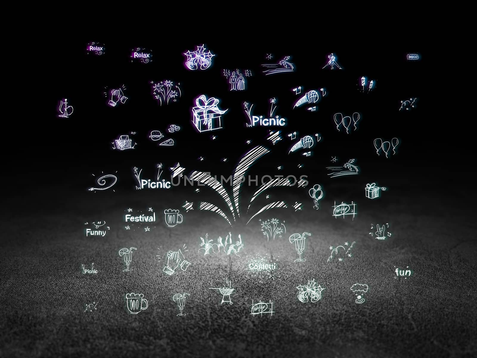 Holiday concept: Glowing Fireworks icon in grunge dark room with Dirty Floor, black background with  Hand Drawn Holiday Icons