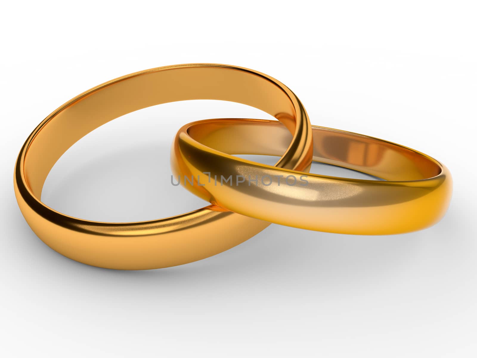 Two connected gold wedding rings over white