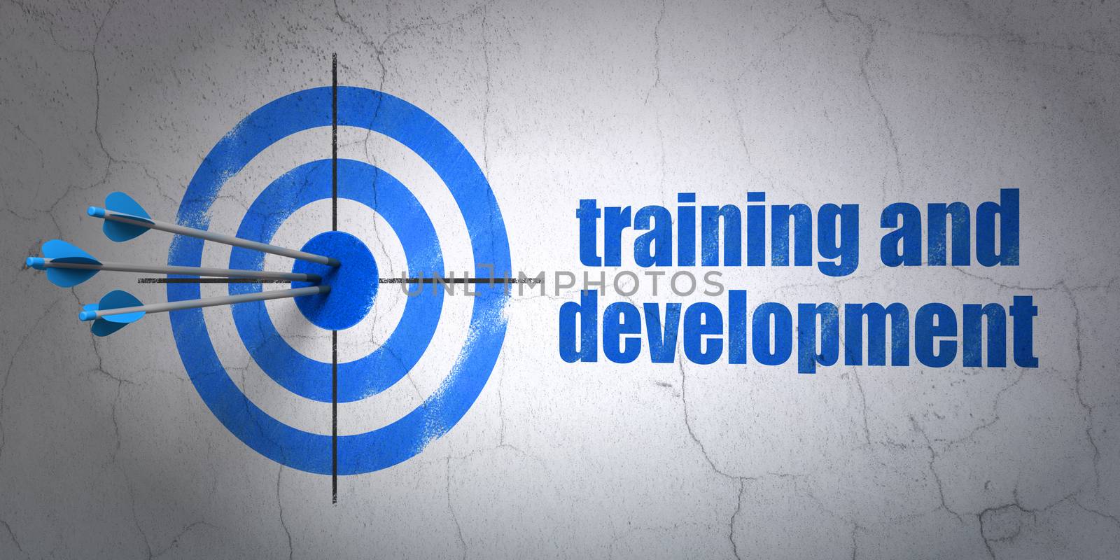 Success Studying concept: arrows hitting the center of target, Blue Training and Development on wall background