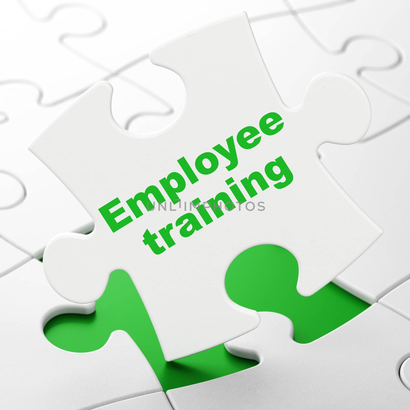 Studying concept: Employee Training on White puzzle pieces background, 3d render