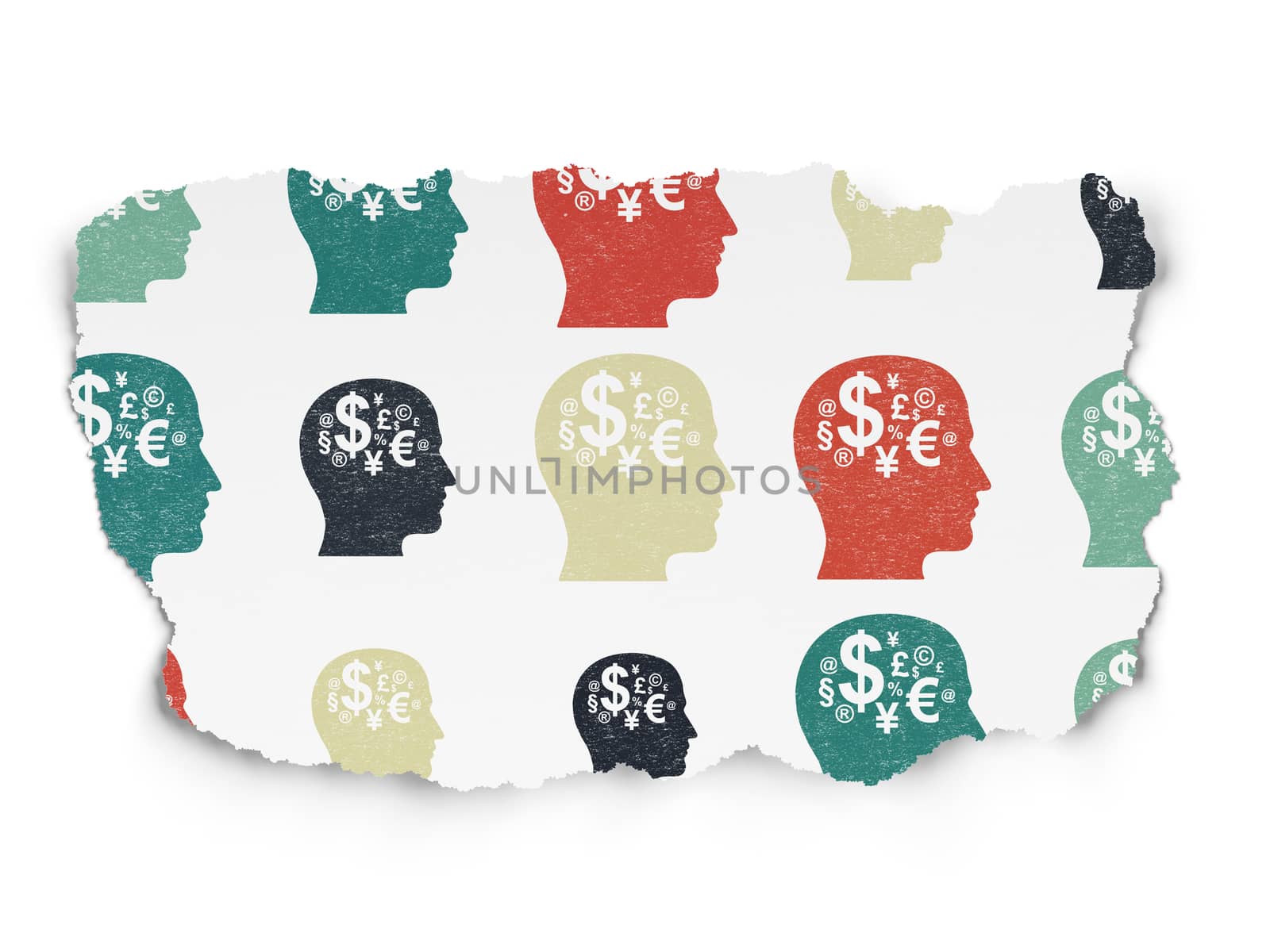 Learning concept: Painted multicolor Head With Finance Symbol icons on Torn Paper background