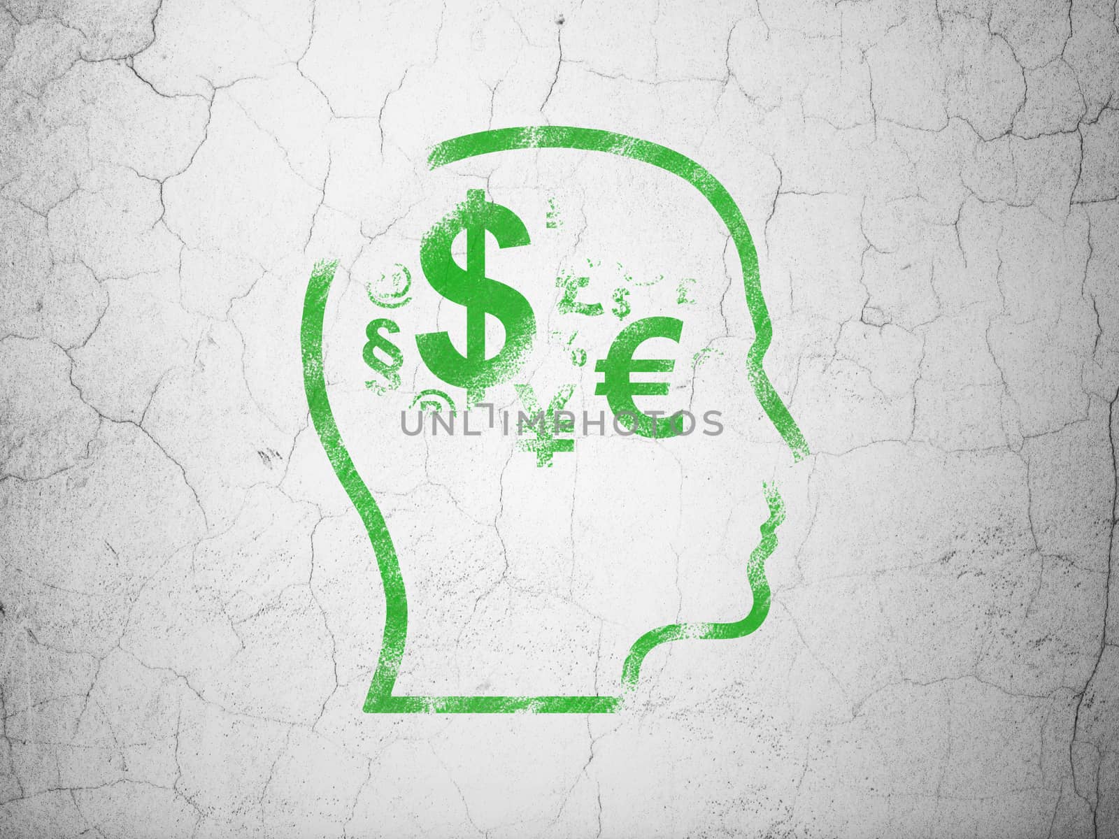 Studying concept: Green Head With Finance Symbol on textured concrete wall background