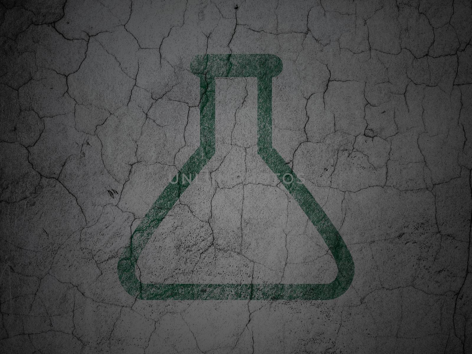 Science concept: Green Flask on grunge textured concrete wall background