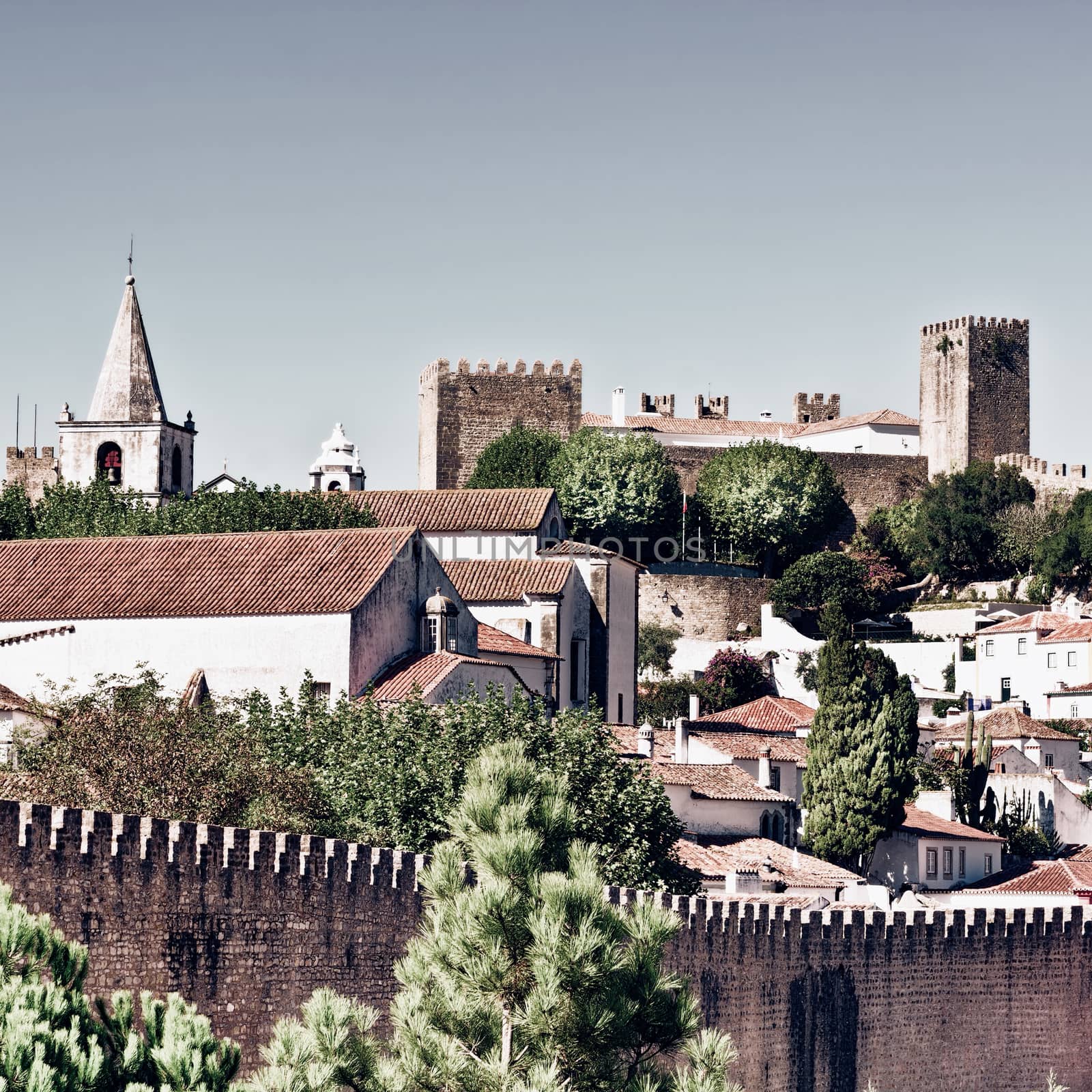 View to Historic Center City of Obidos, Portugal, Vintage Style Toned Picture