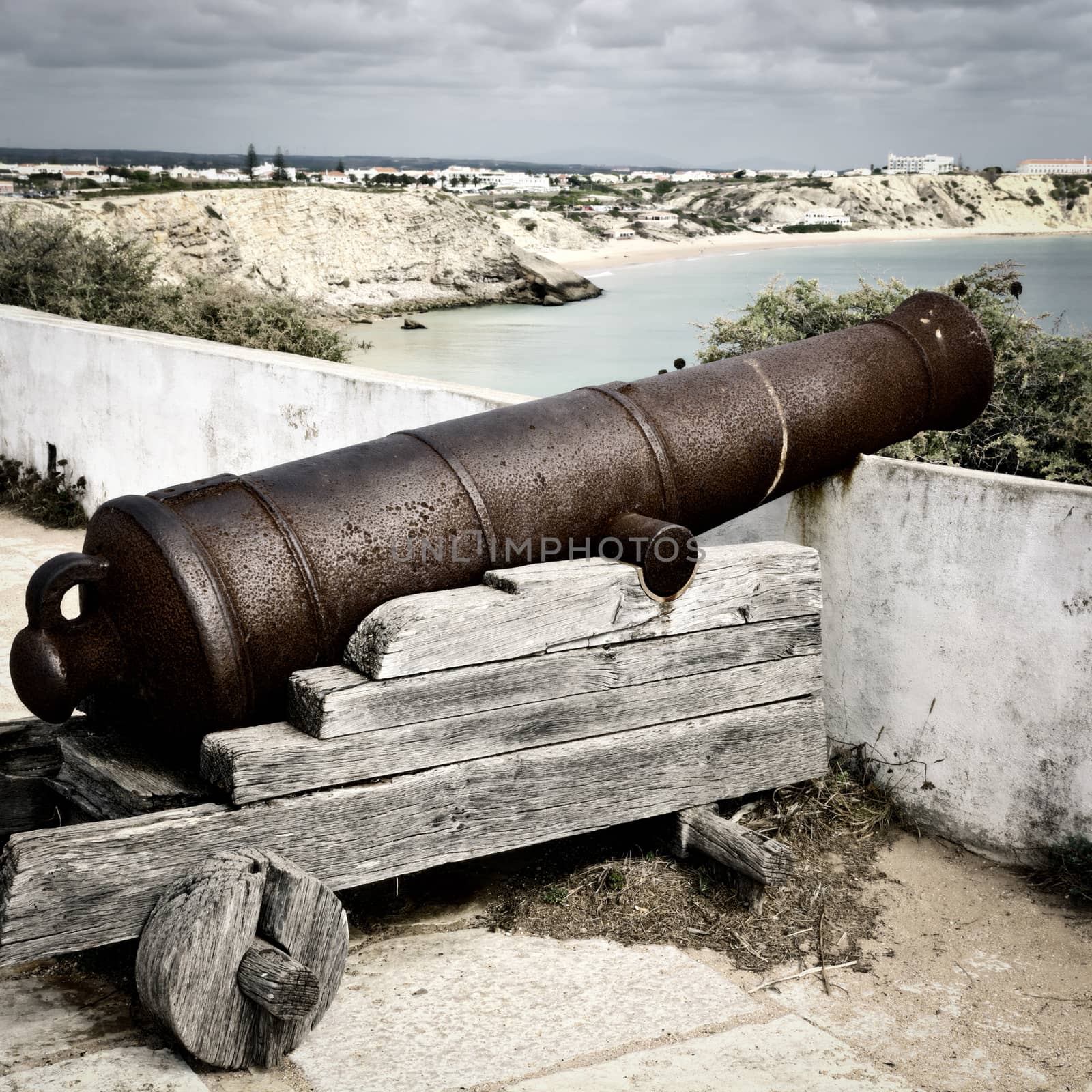 Old Rusty Cannon Guarding the Portuguese Fortress Sagres, Vintage Style Toned Picture