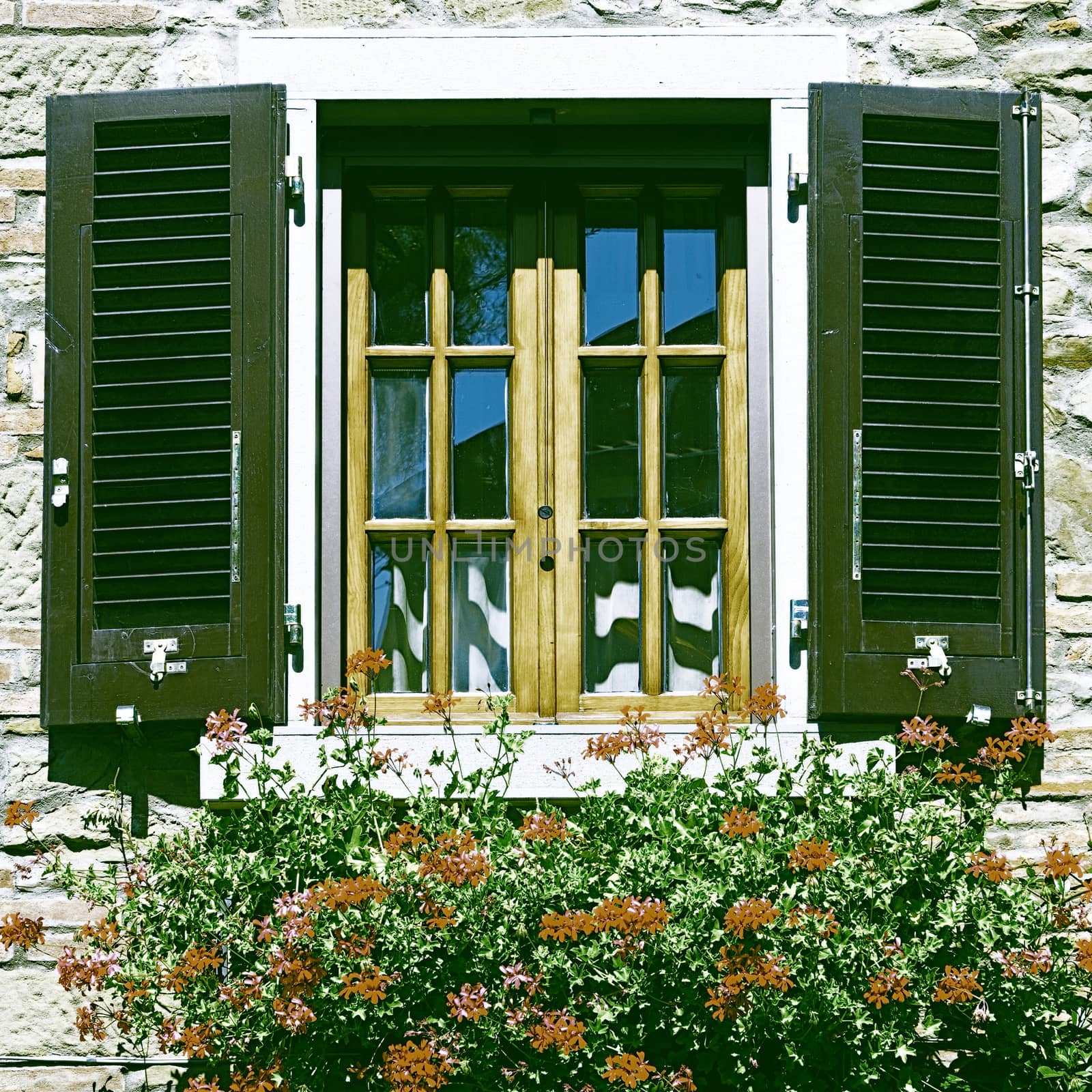 Italian Window with Open Wooden Shutters, Decorated With Fresh Flowers, Vintage Style Toned Picture