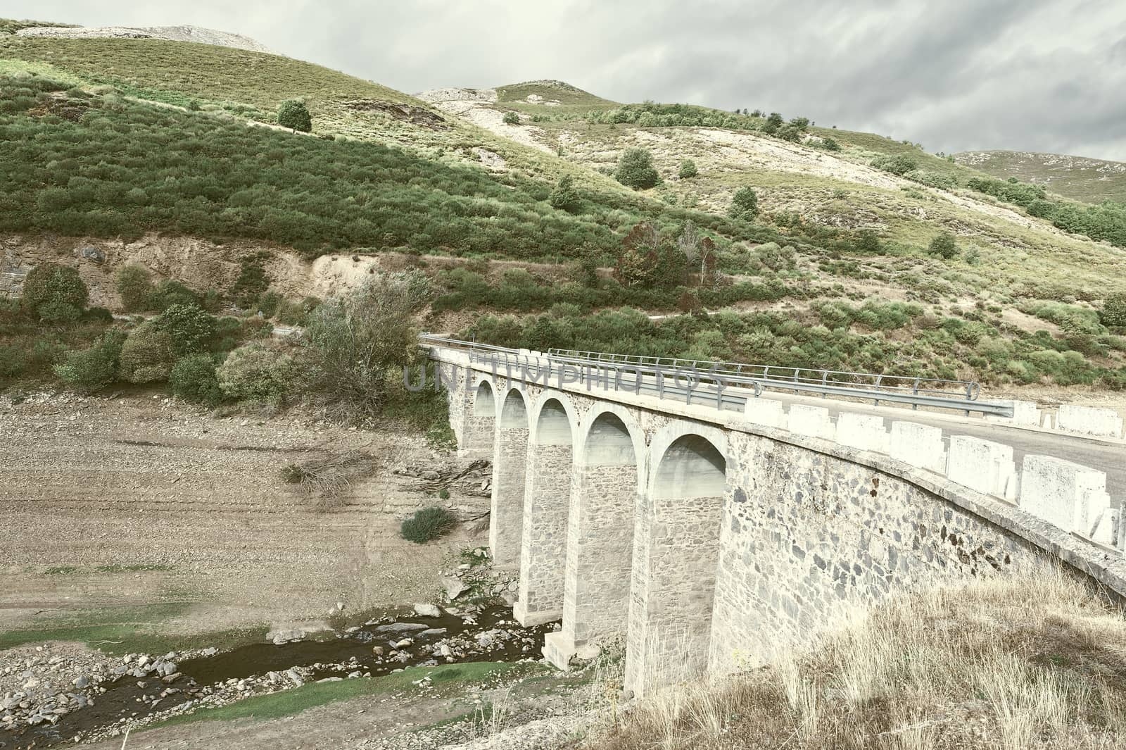 Bridge on the Bottom of Canyon in the Cantabrian Mountains, Vintage Style Toned Picture