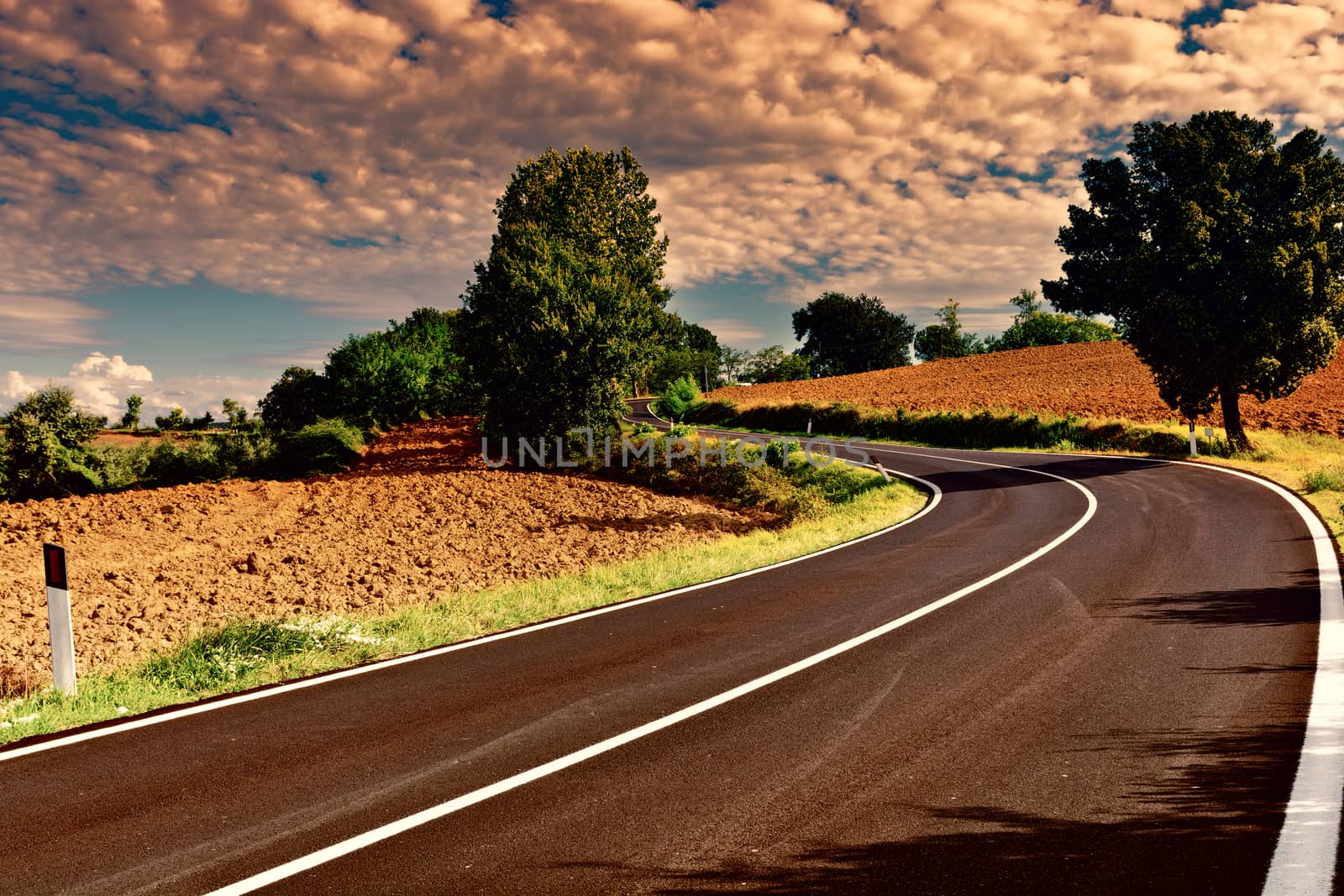 Winding Paved Road between Autumn Plowed Fields  in Tuscany at Sunset, Vintage Style Toned Picture
