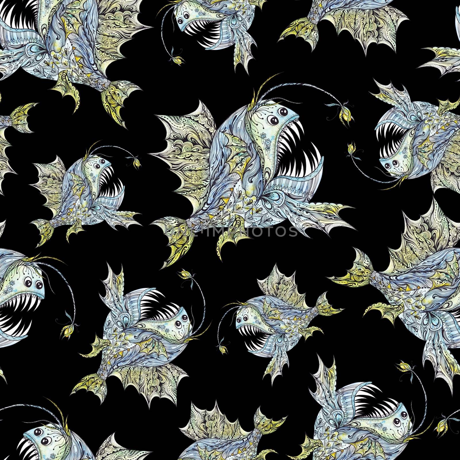 Seamless watercolor marine texture with cartoon sketch monkfish on black background