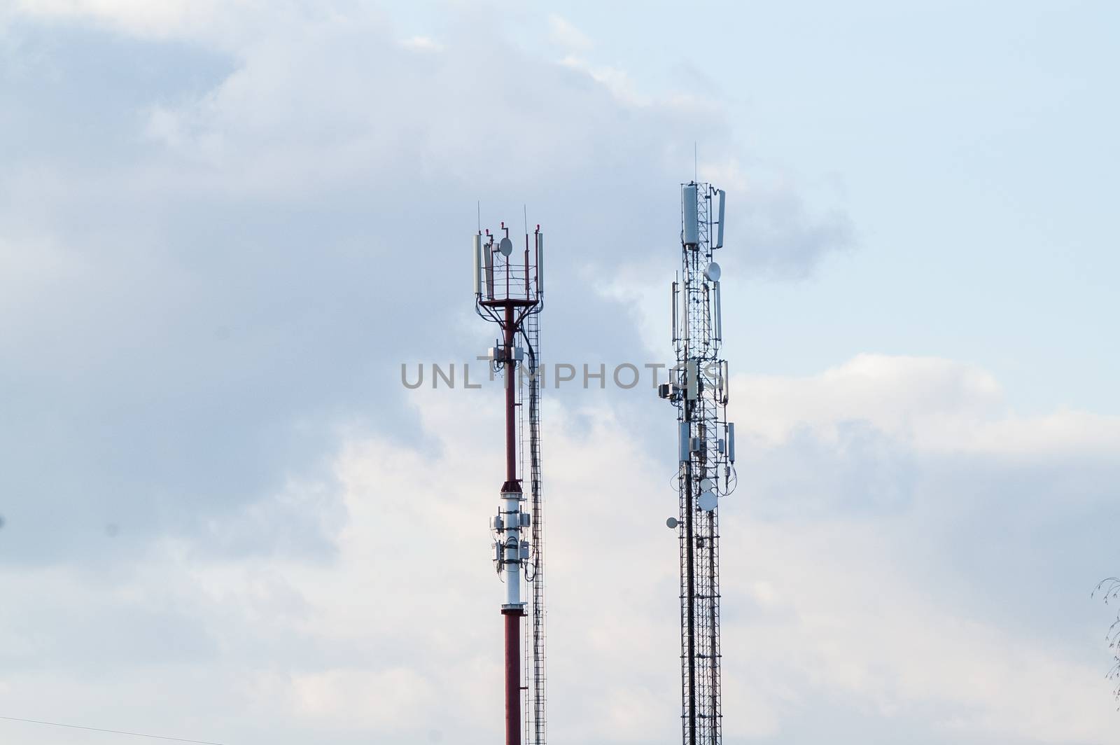 view television and radio communication towers against the sky