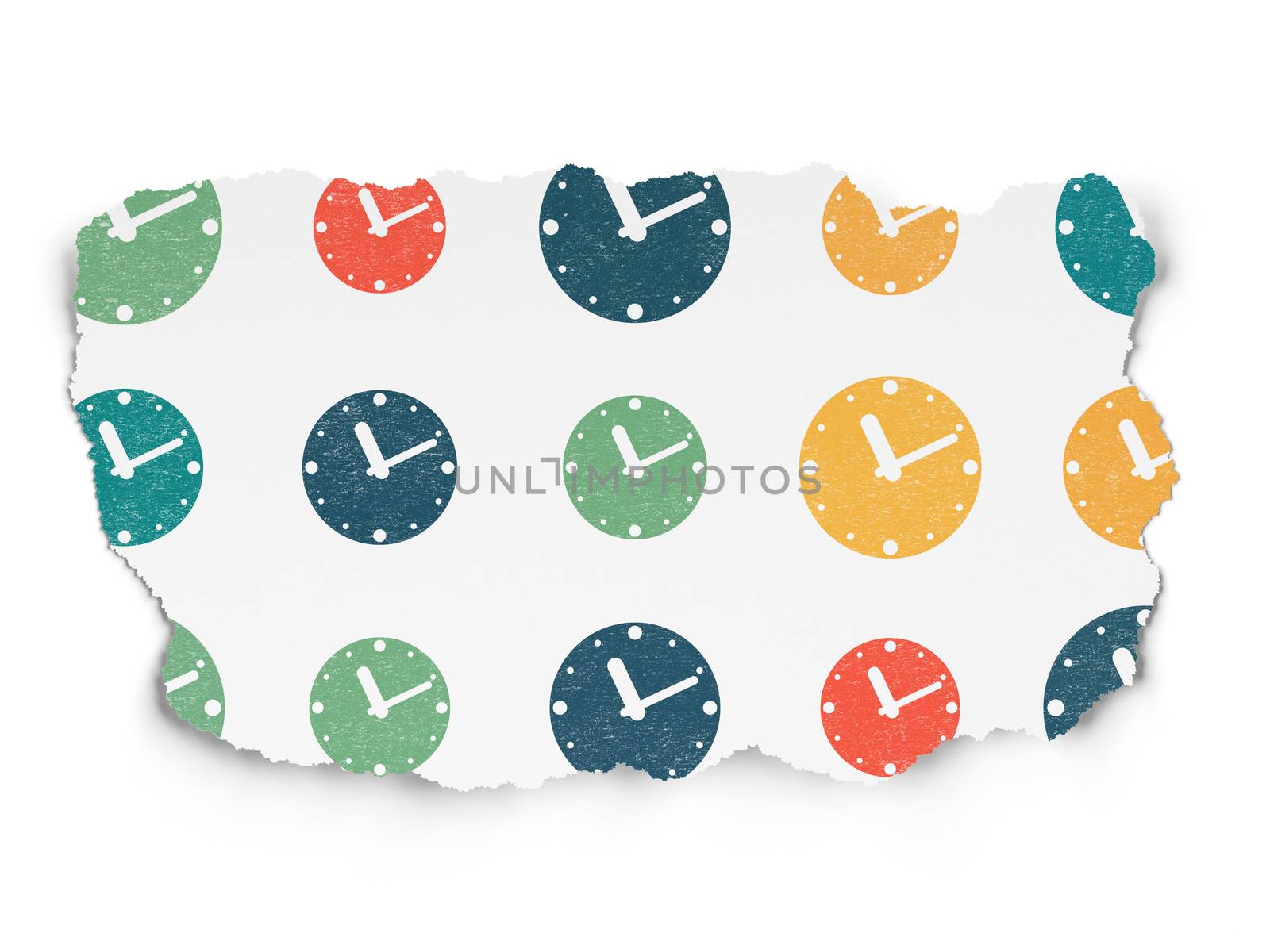 Timeline concept: Painted multicolor Clock icons on Torn Paper background