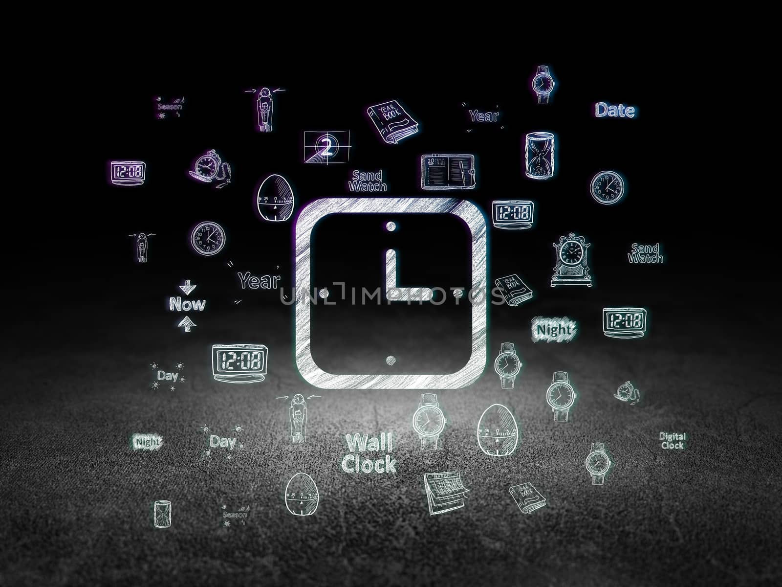 Timeline concept: Glowing Watch icon in grunge dark room with Dirty Floor, black background with  Hand Drawing Time Icons