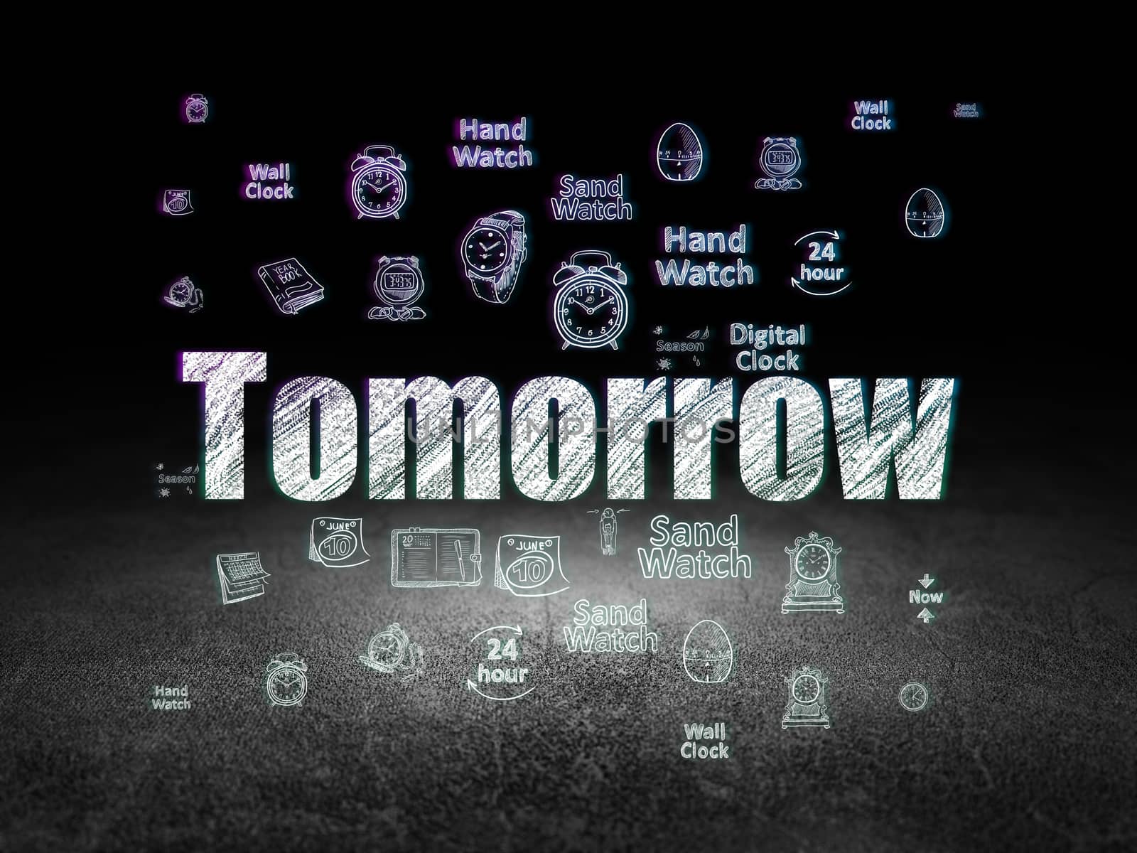 Time concept: Glowing text Tomorrow,  Hand Drawing Time Icons in grunge dark room with Dirty Floor, black background