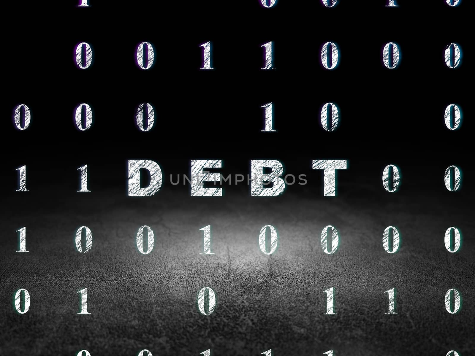 Finance concept: Glowing text Debt in grunge dark room with Dirty Floor, black background with Binary Code