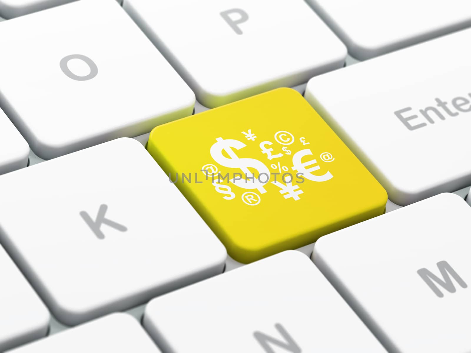 Business concept: computer keyboard with Finance Symbol icon on enter button background, selected focus, 3d render