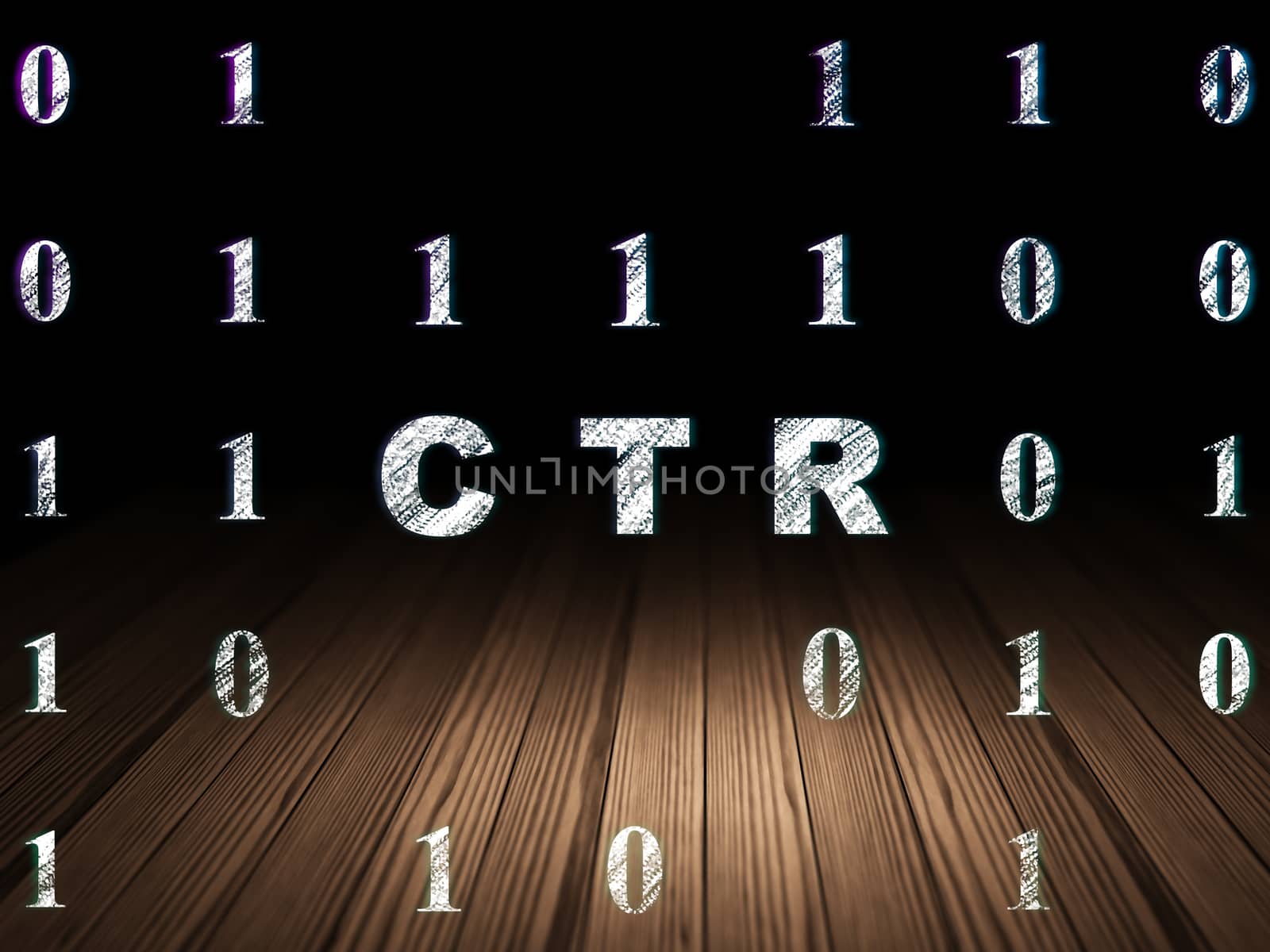 Business concept: Glowing text CTR in grunge dark room with Wooden Floor, black background with Binary Code