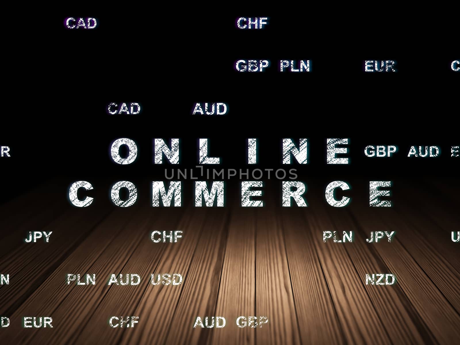 Business concept: Glowing text Online Commerce in grunge dark room with Wooden Floor, black background with Currency