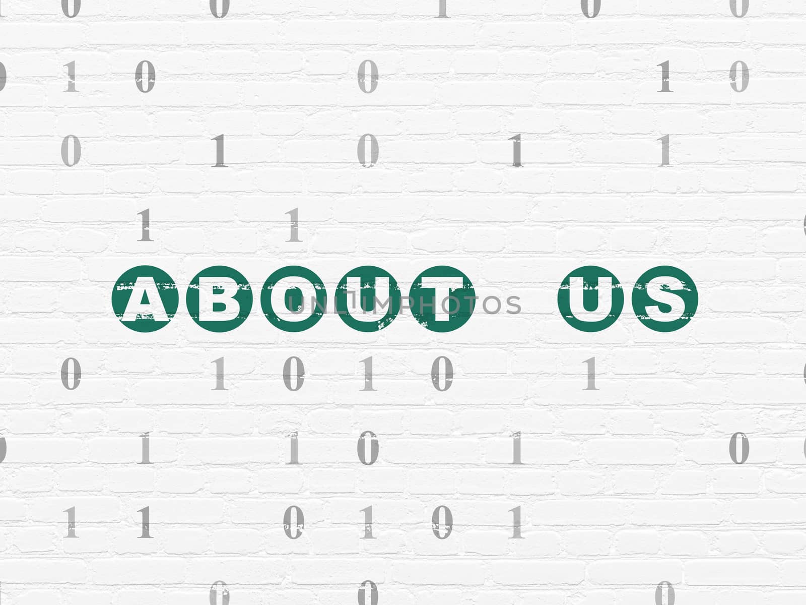 Finance concept: Painted green text About us on White Brick wall background with Binary Code