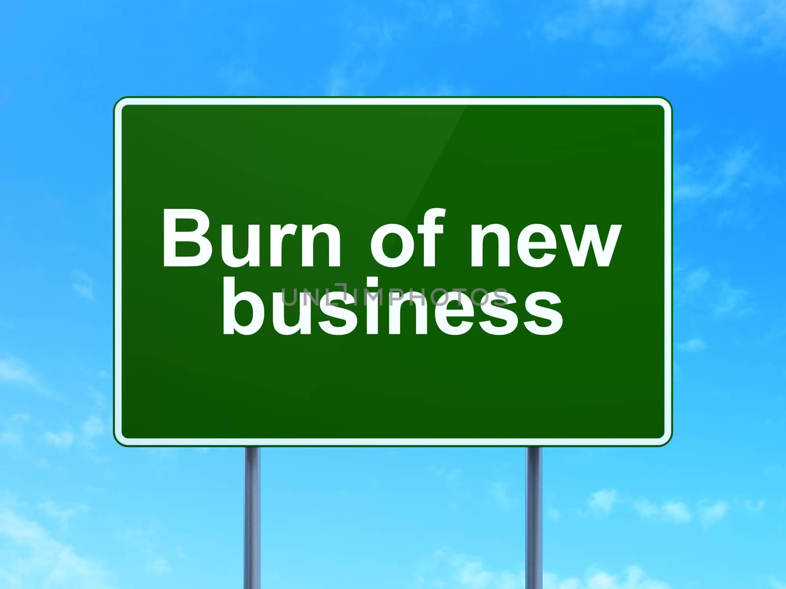 Business concept: Burn Of new Business on green road highway sign, clear blue sky background, 3d render