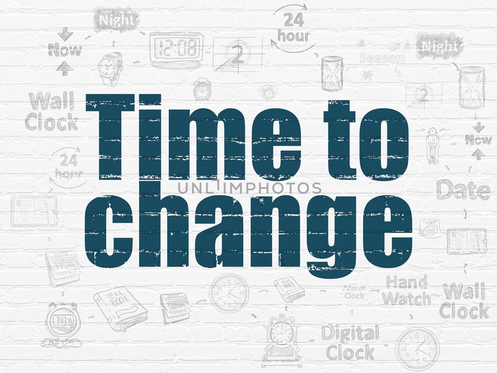 Time concept: Painted blue text Time to Change on White Brick wall background with Scheme Of Hand Drawing Time Icons
