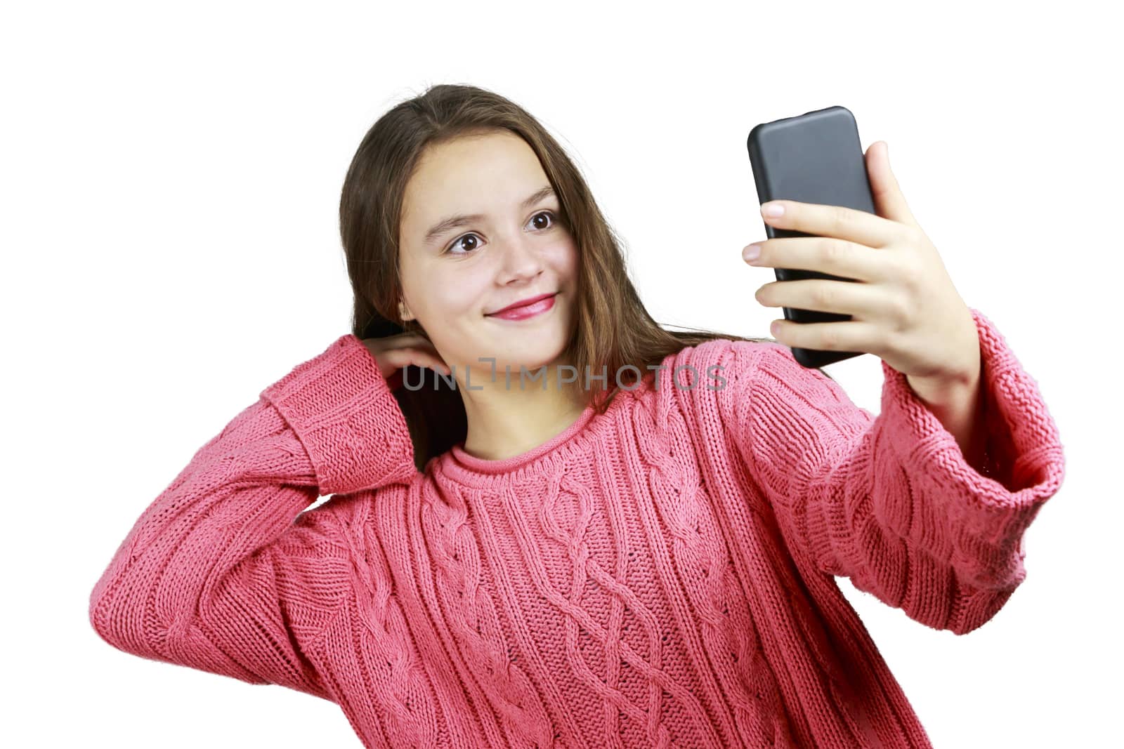 Beautiful Young Girl Taking a Selfie with White Background