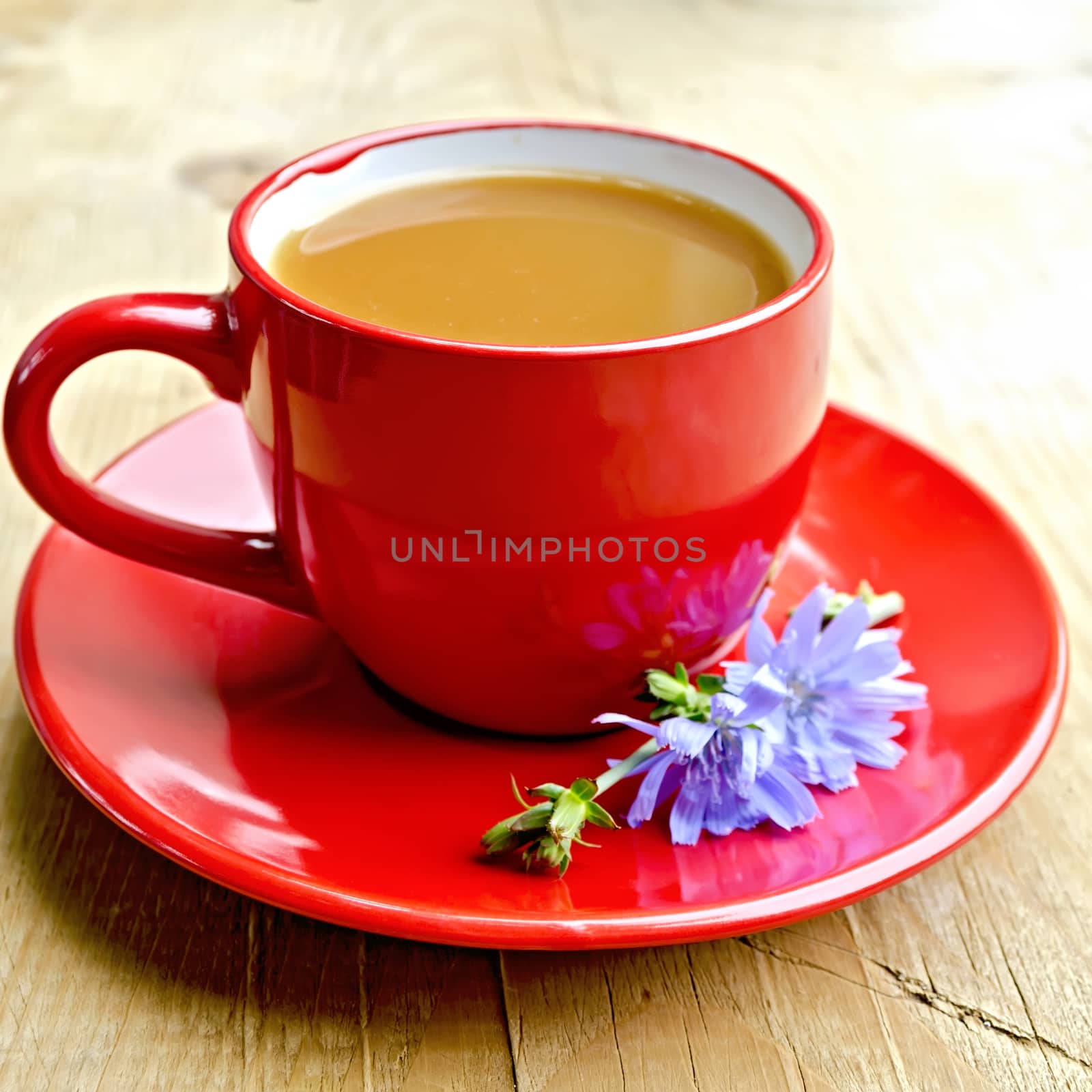 Chicory drink in red cup with flower on board by rezkrr