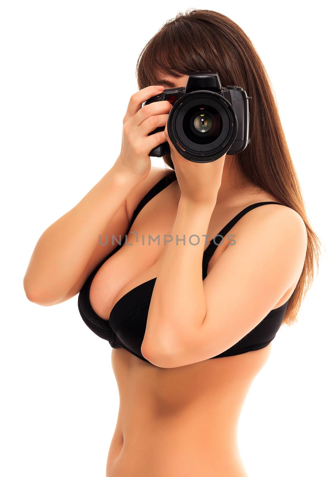 Busty woman with a camera, isolated on white background