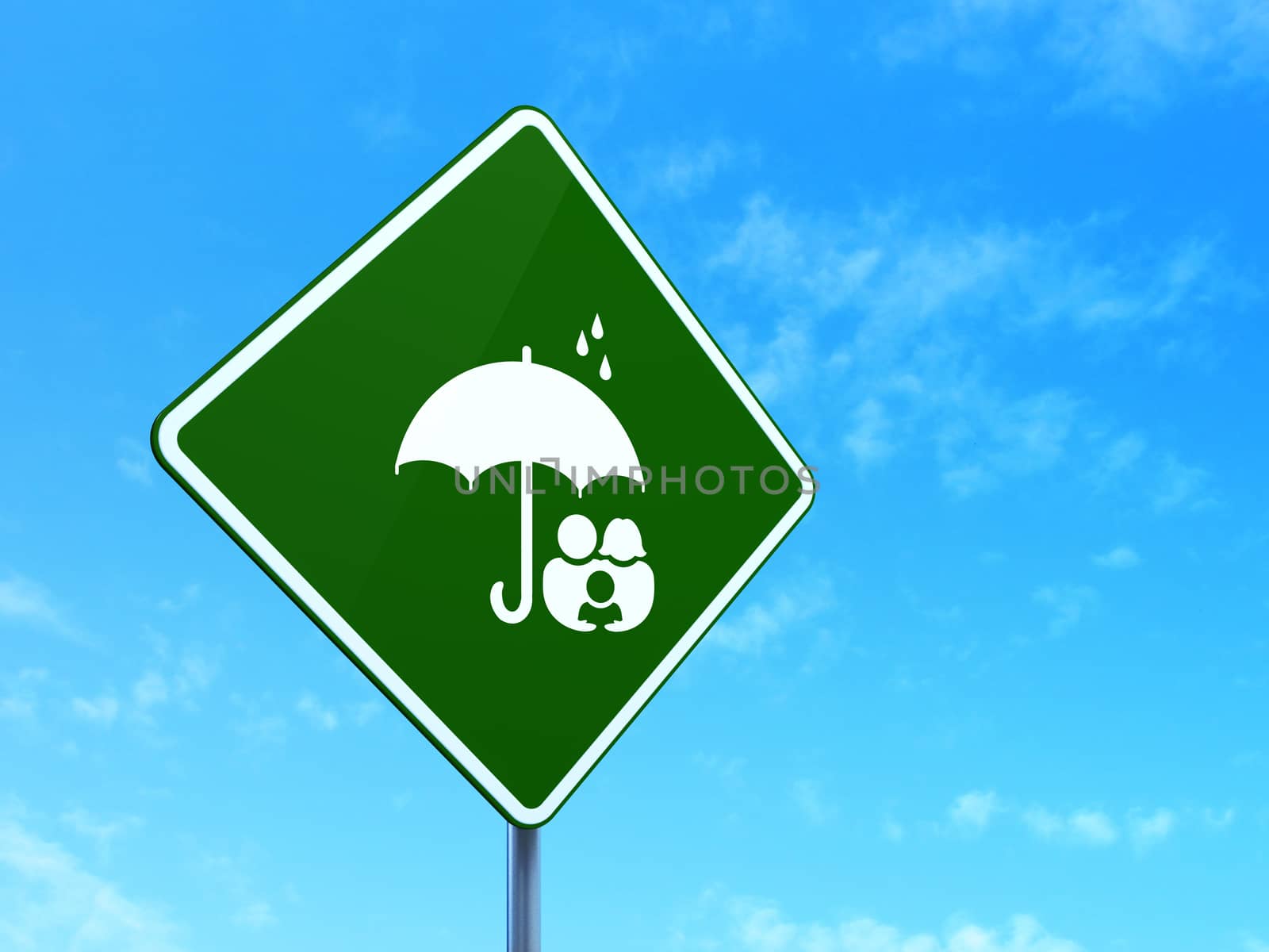 Safety concept: Family And Umbrella on road sign background by maxkabakov