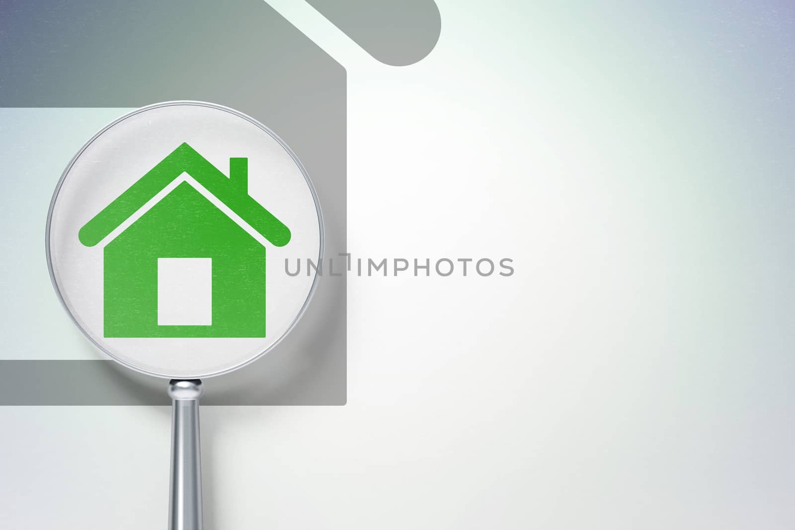 Finance concept: magnifying optical glass with Home icon on digital background, empty copyspace for card, text, advertising