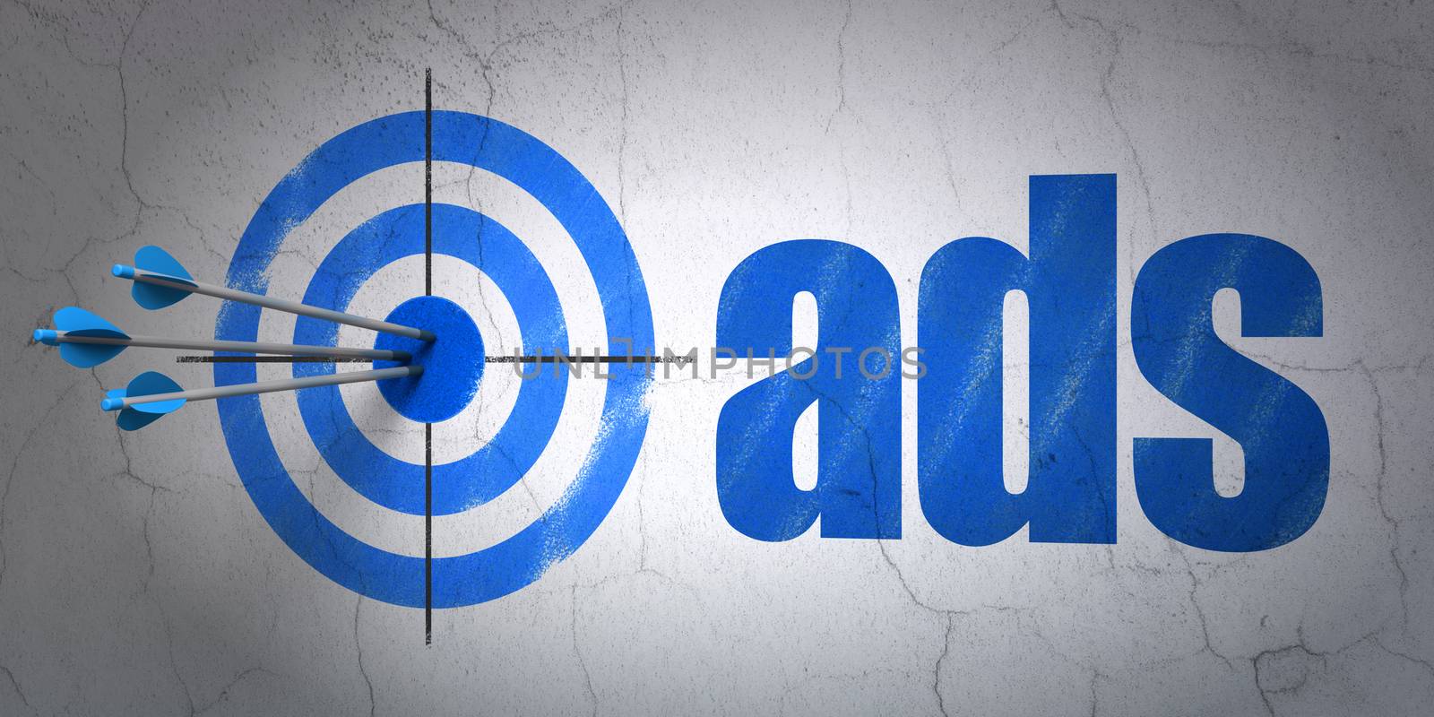 Success marketing concept: arrows hitting the center of target, Blue Ads on wall background