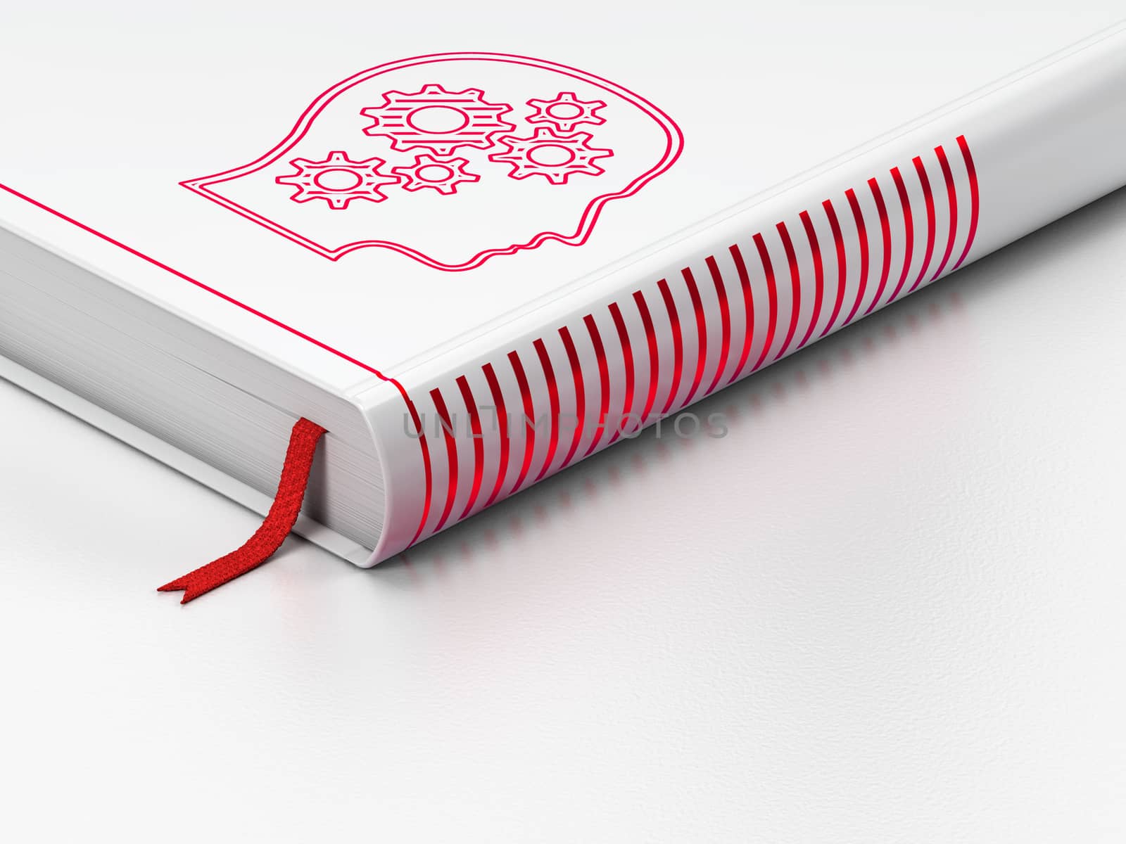 Marketing concept: closed book with Red Head With Gears icon on floor, white background, 3d render