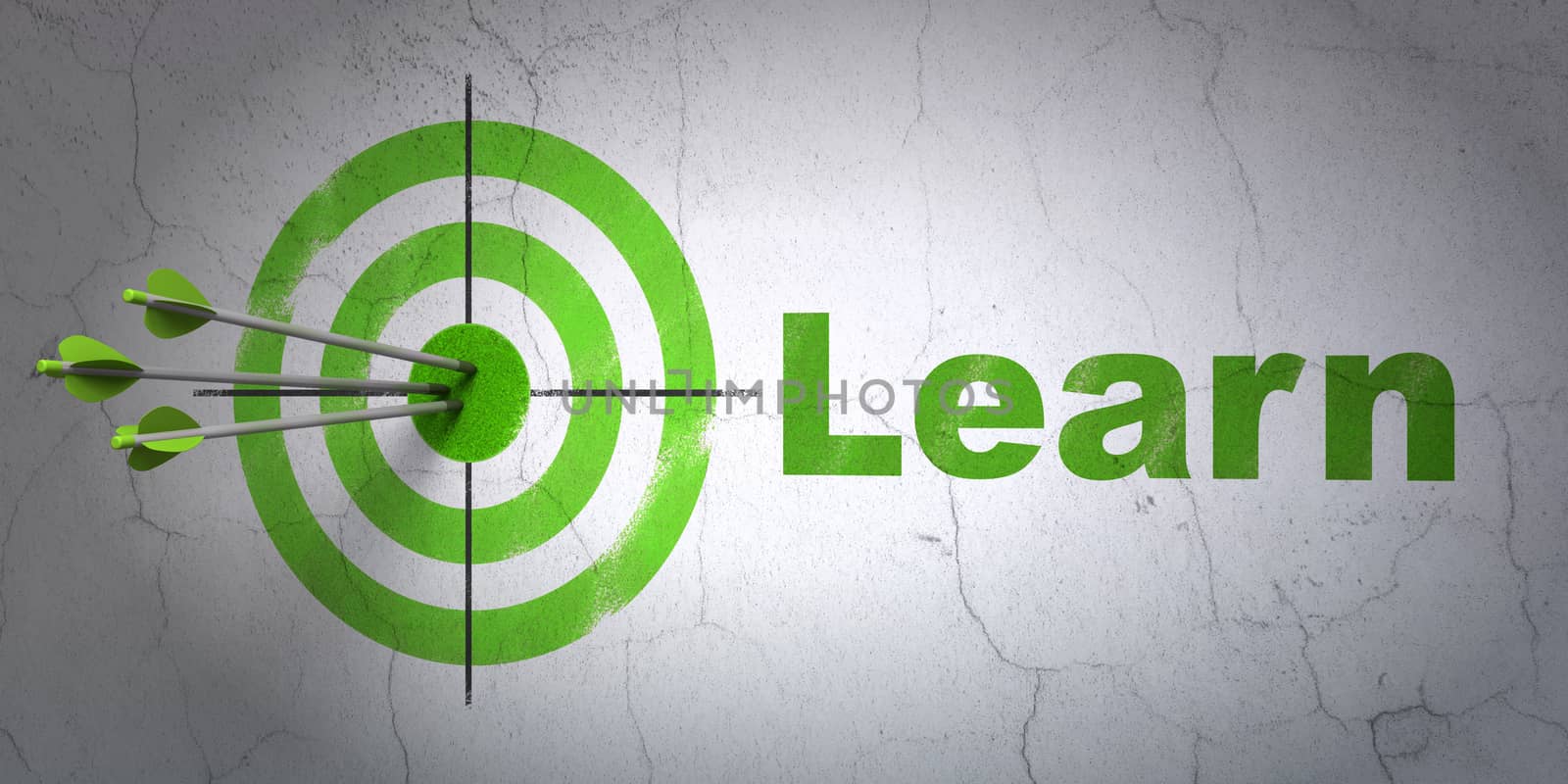 Success Education concept: arrows hitting the center of target, Green Learn on wall background